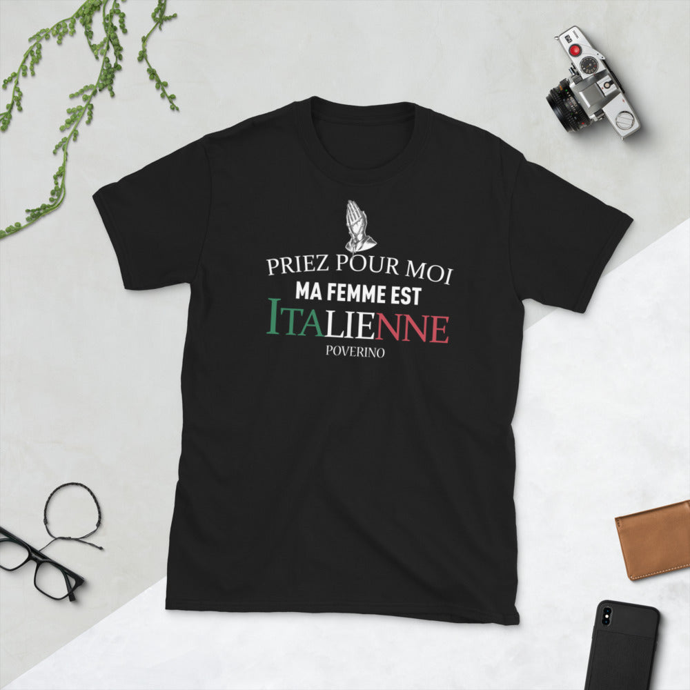 T-shirt Italie bleu marine - Priez pour moi, ma femme est Italienne