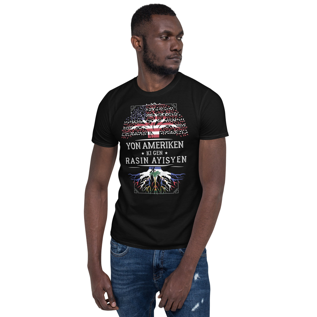 T-shirt Haïti bleu marine dos - Yon Ameriken ki gen rasin ayisyen