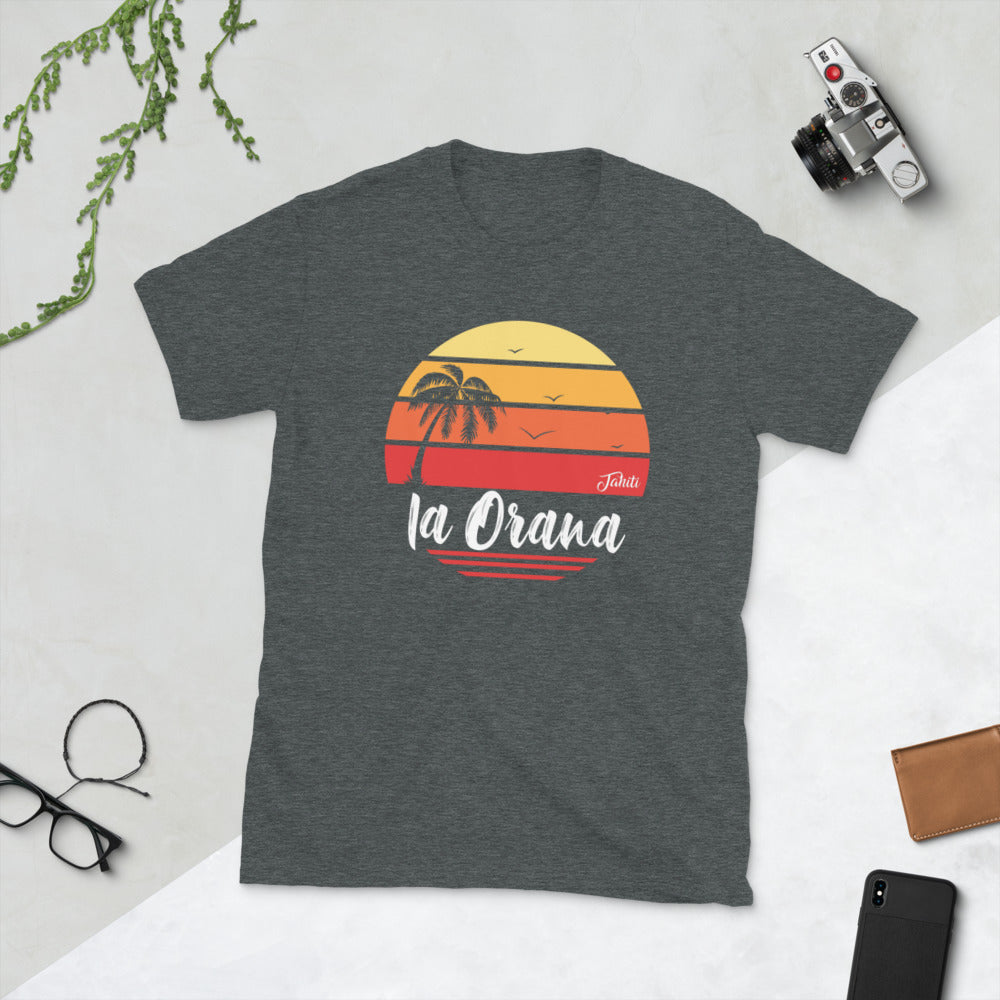 T-shirt Tahiti gris foncé chiné dos - Ia Orana, style hawaïen humoristique