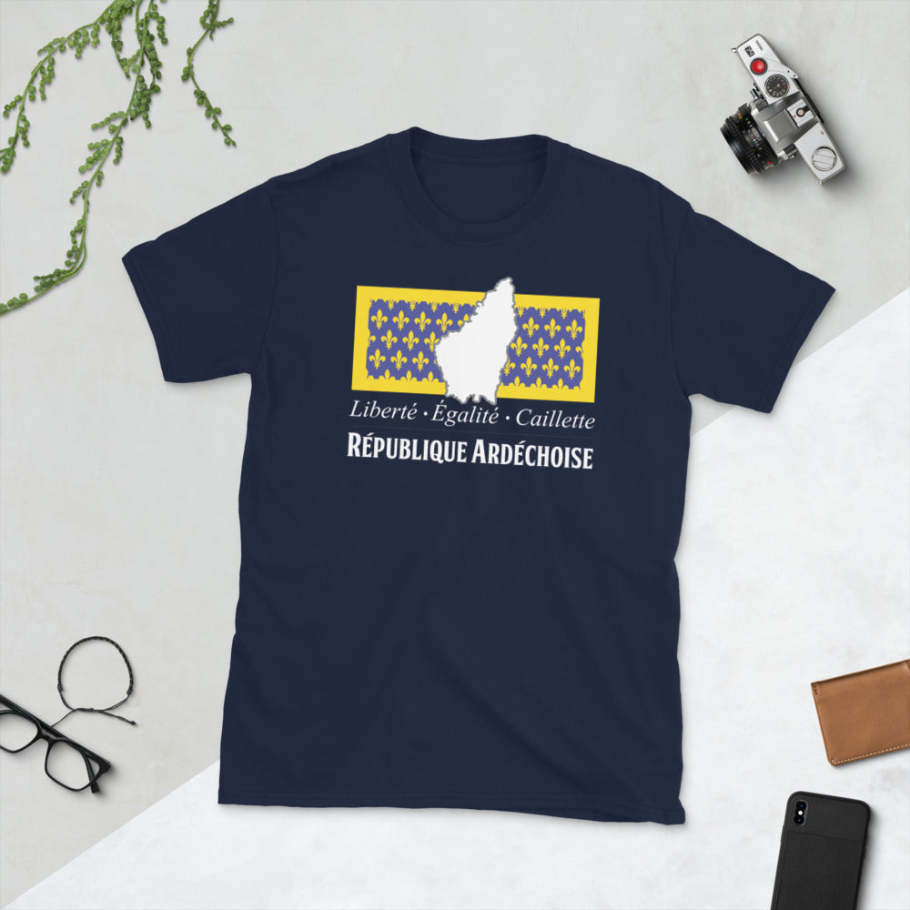 T-shirt Ardéchois bleu marine - Liberté, égalité, caillette dos