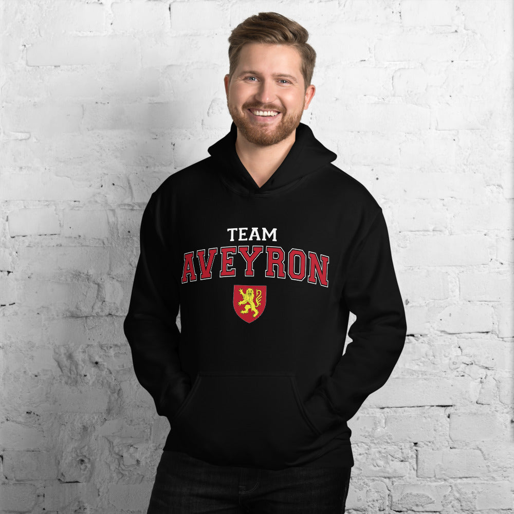 Sweat à capuche Aveyron bleu marine - blason et écriture universitaire
