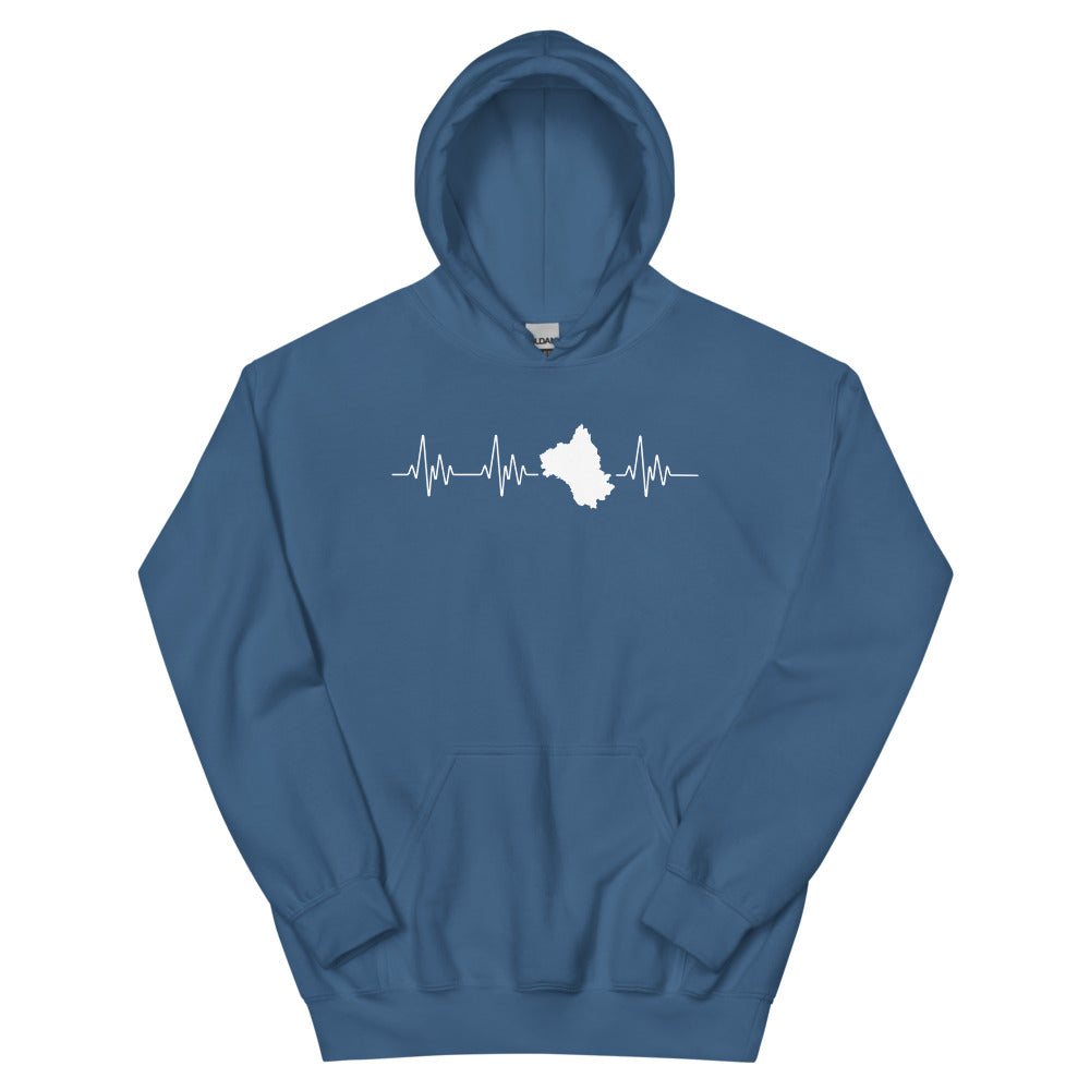 Sweat à capuche Aveyron bleu indigo dos - Battement de coeur carte