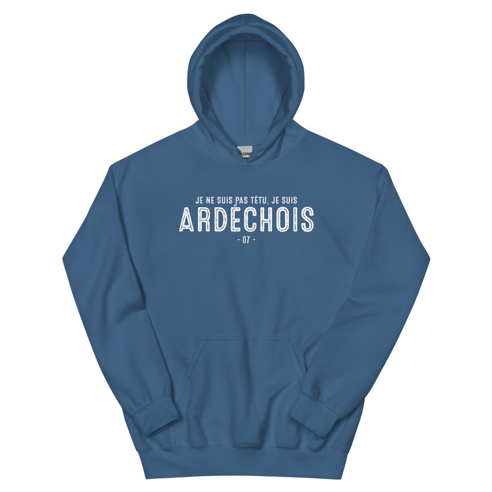 Sweatshirt Ardéchois bleu indigo dos - Je ne suis pas têtu, j'assume