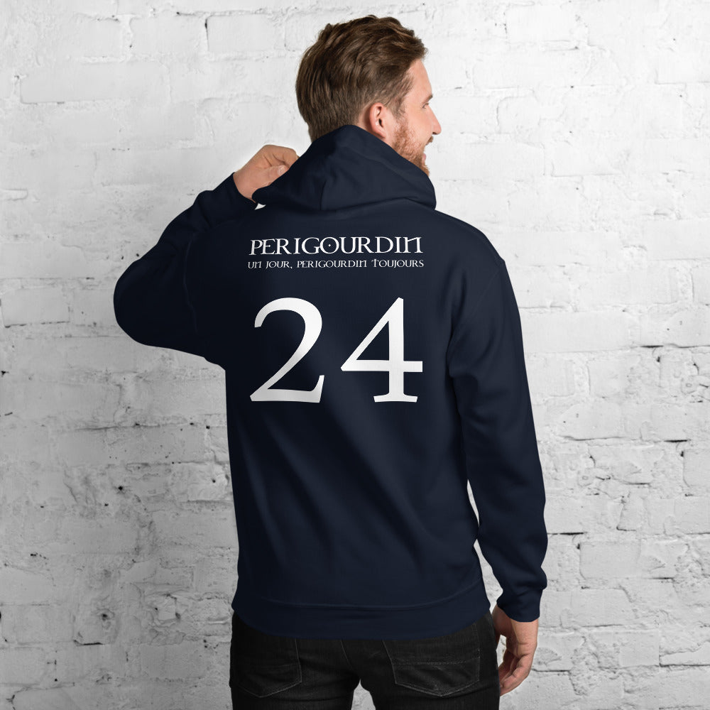 Sweat à capuche Dordogne bleu marine dos - Périgourdin un jour, toujours