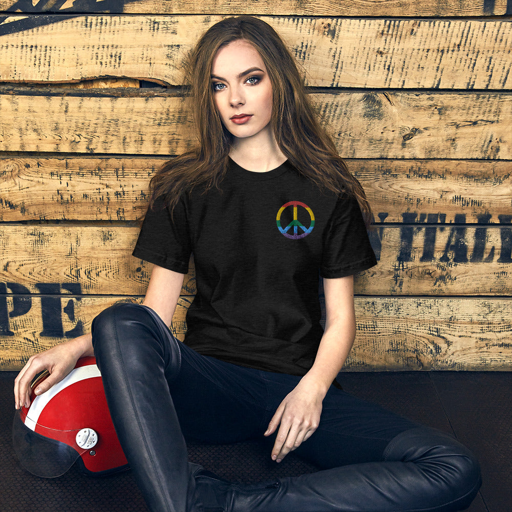 T-shirt LGBT bleu marine dos - Signe de la paix brodé