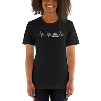 Thumbnail for T-shirt Provence framboise chiné - design couché de soleil et palmier