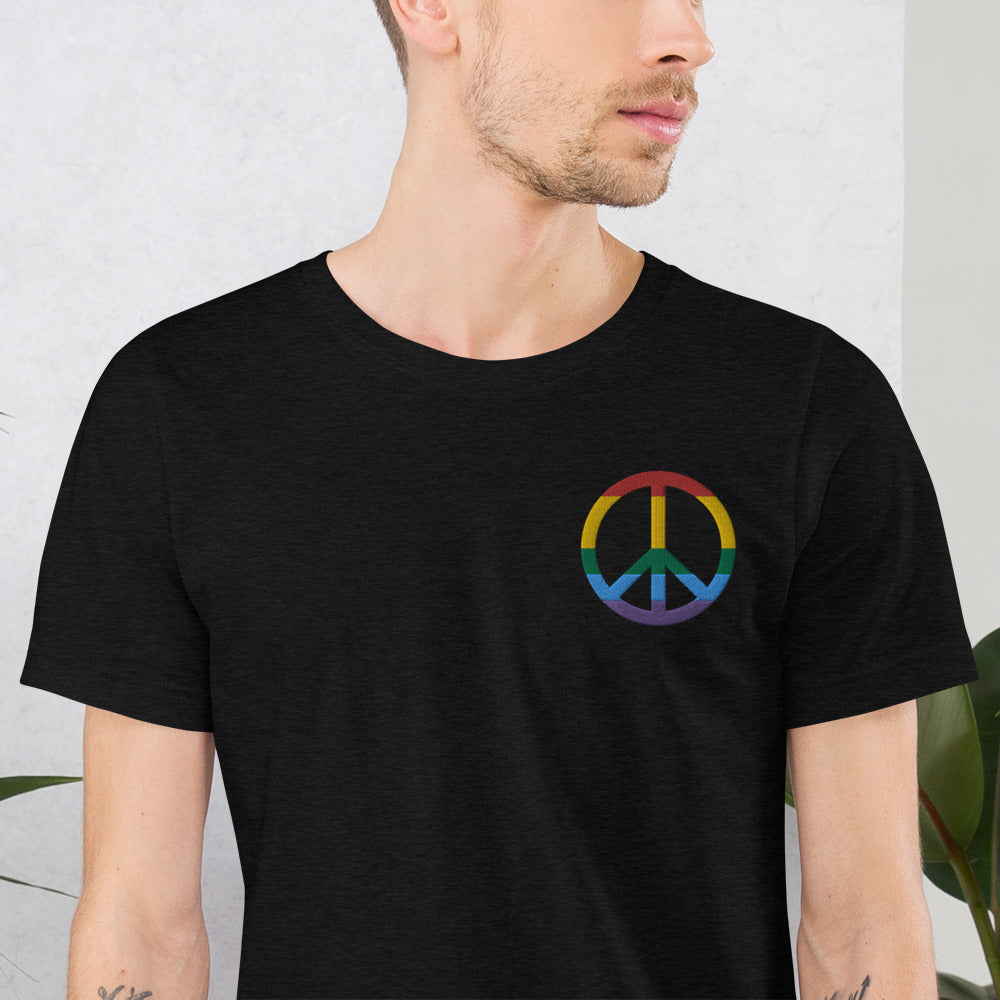 T-shirt LGBT noir chiné - Signe de la paix brodé