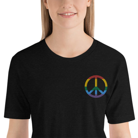 Signe de la paix brodé - peace symbol - aux couleurs du drapeau arc-en-ciel LGBT - T-shirt unisexe - Ici & Là - T-shirts & Souvenirs de chez toi